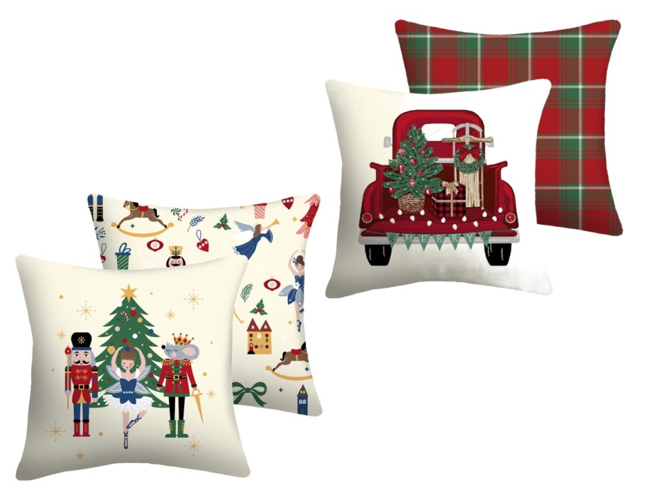 HolidAY throw pillows in the nutcracker and christmas truck