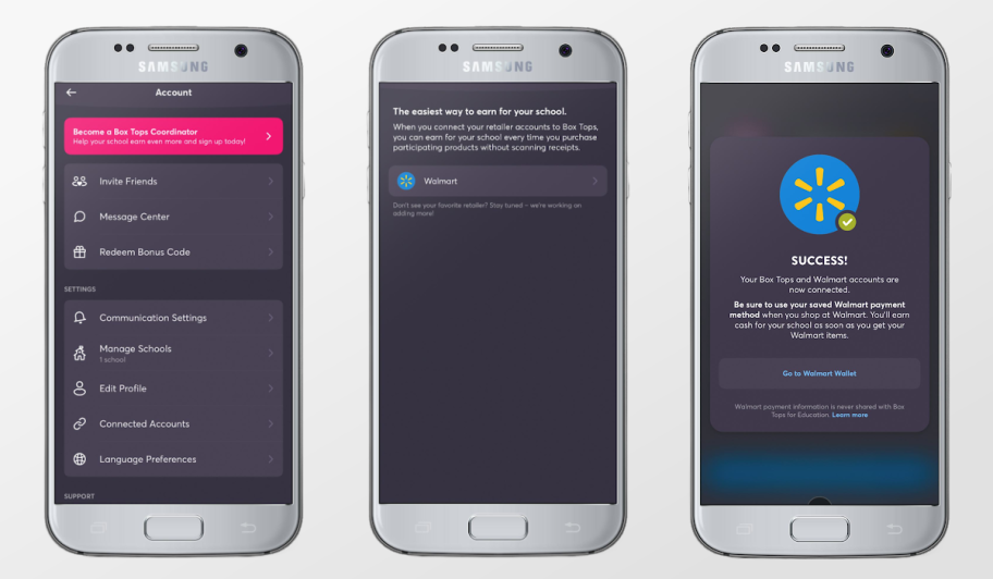 Phones Showing How to link your Walmart account to your Box Tops for Education app