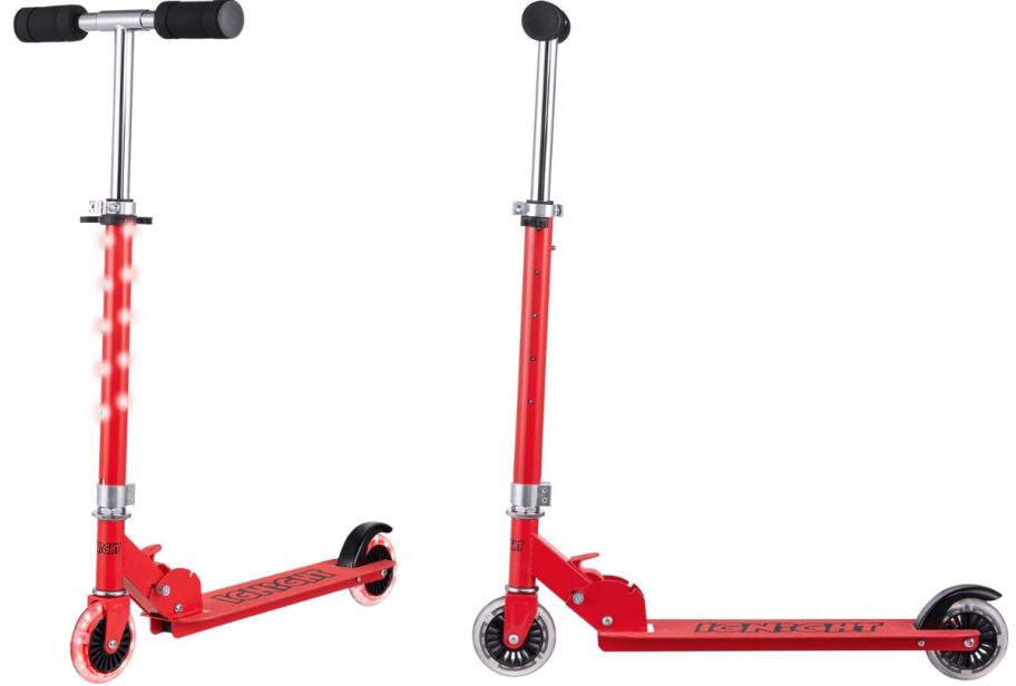 two views of a red lightup kick scooter.