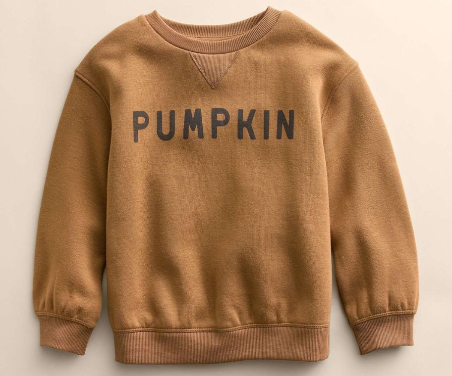 a pumpkin colored kids sweatshirt with the word pumpkin across the front