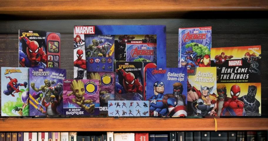 Marvel Deluxe Gift Set on book shelf