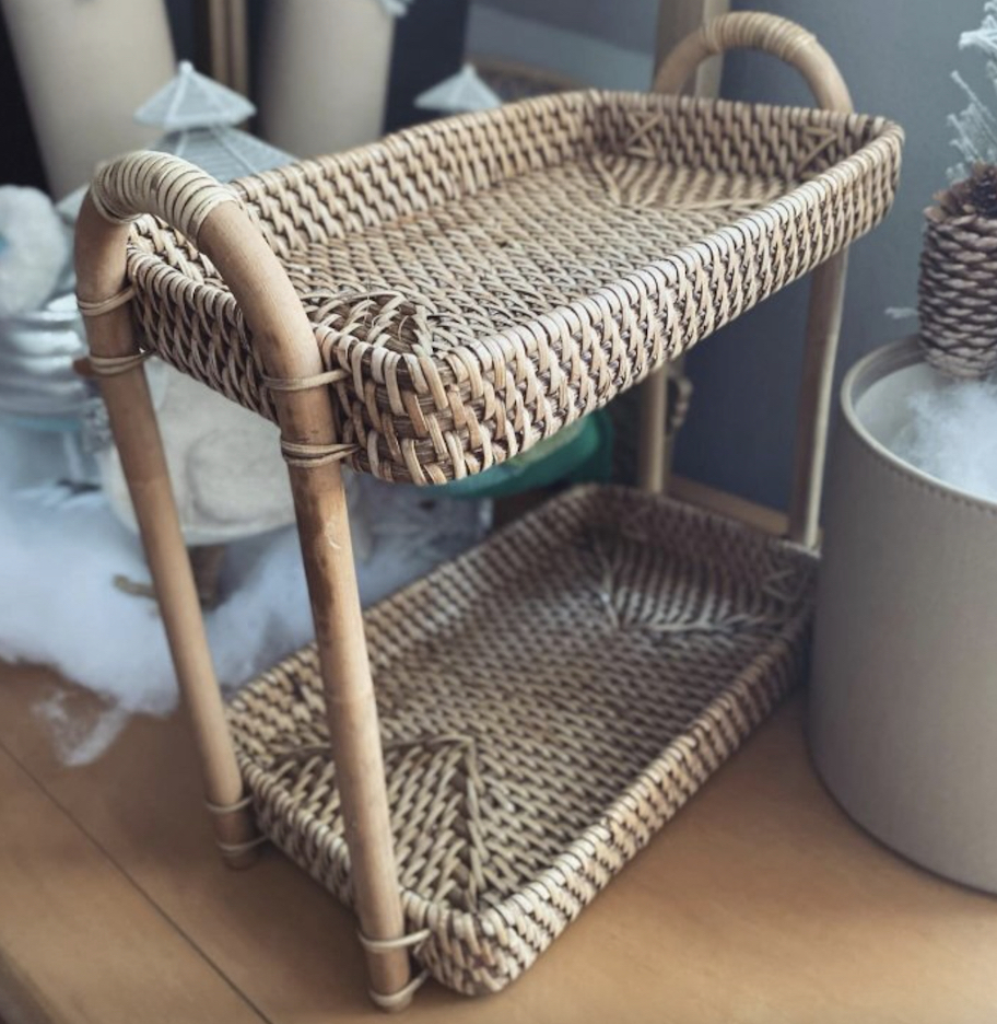 close up of rattan bathroom vanity