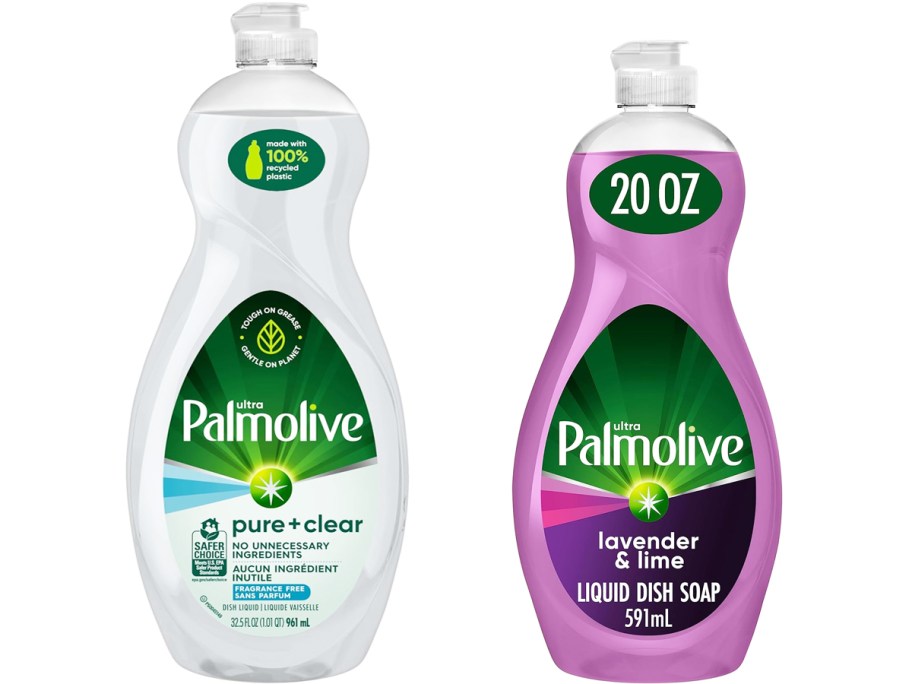 clear and purple bottles of Palmolive Dish Soaps