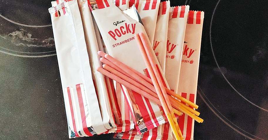 Pocky Strawberry sticks on top of their packaging