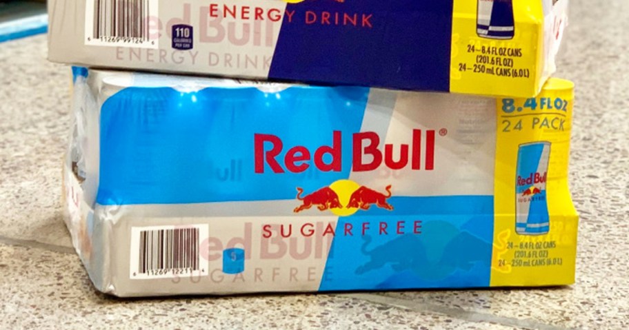 Red Bull packs stacked on top of each other in store