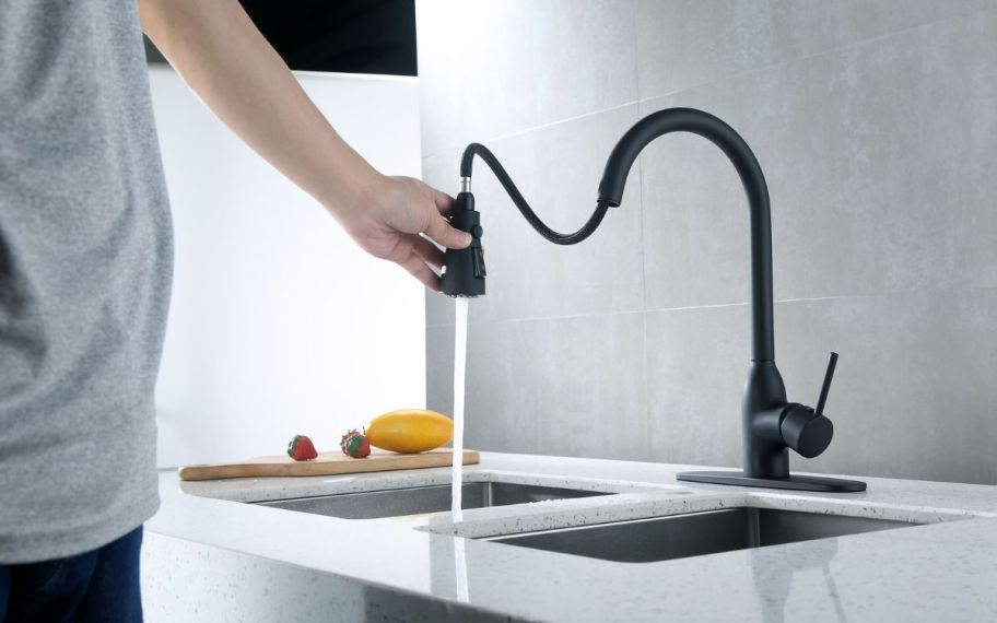 a woman's hand using a kitchen sink sprayer