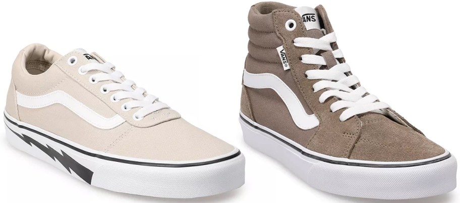 beige low top and brown high top vans sneakers