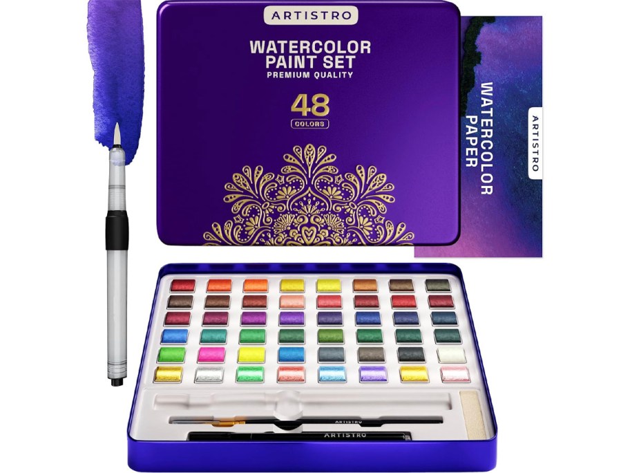 artisano watercolor paint box, with paint in front and brush