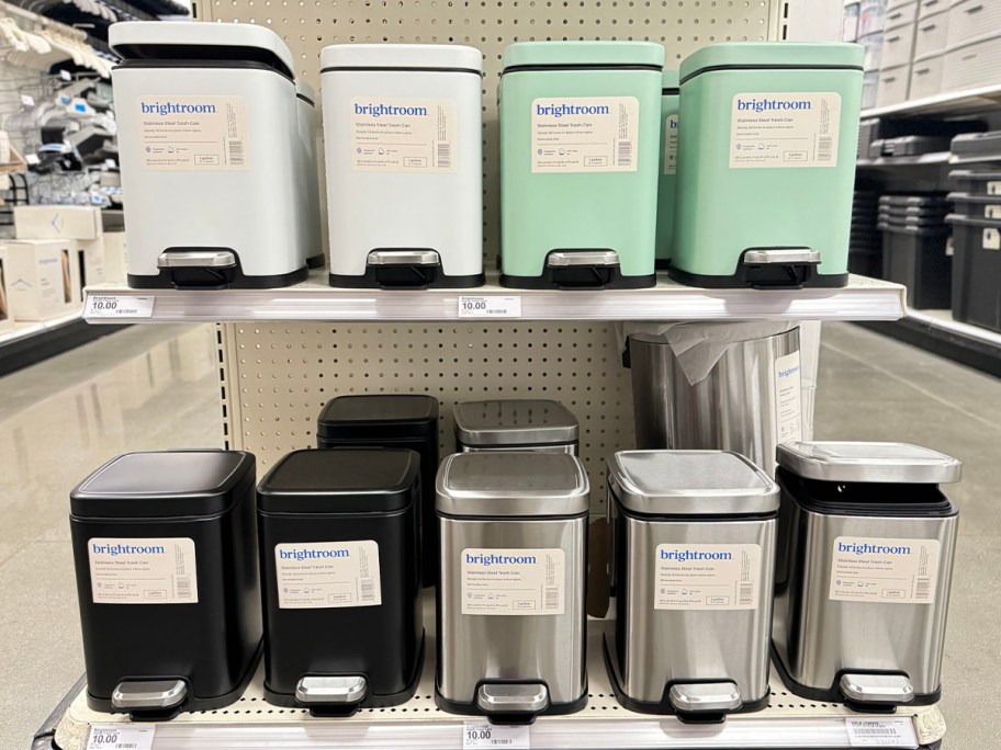 various small trash cans on a shelf at Target