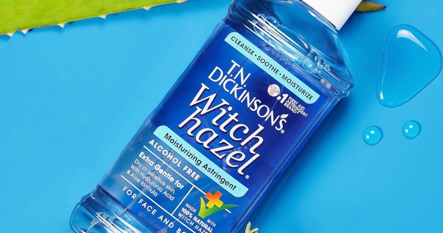 dickinson's witch hazel bottle on a blue background 