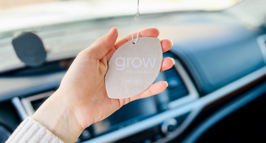 hand holding grow car natural air freshener hanging from mirror