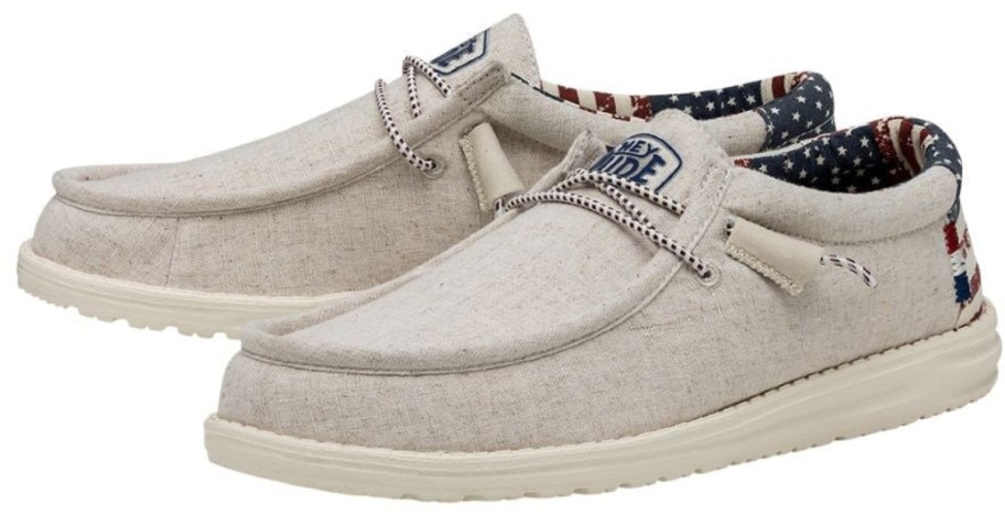 men's HEYDUDE shoes in tan with American flag and red, white and blue accents