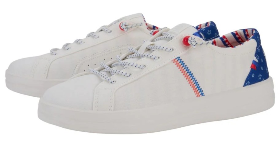 women's HEYDUDE American shoes in white with red and blue accents