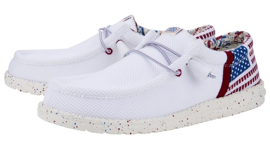 men's HEYDUDE Americana shoes in white with red, blue flag like design