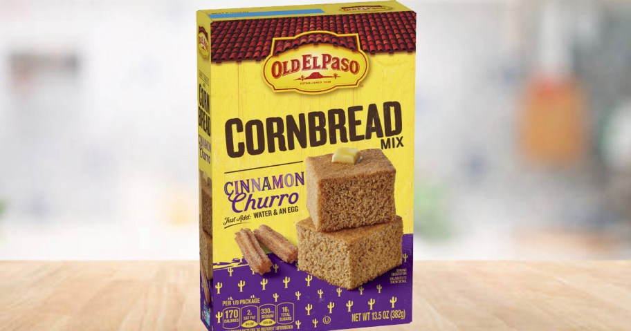 cornbread cinnamon churro mix box on countertop