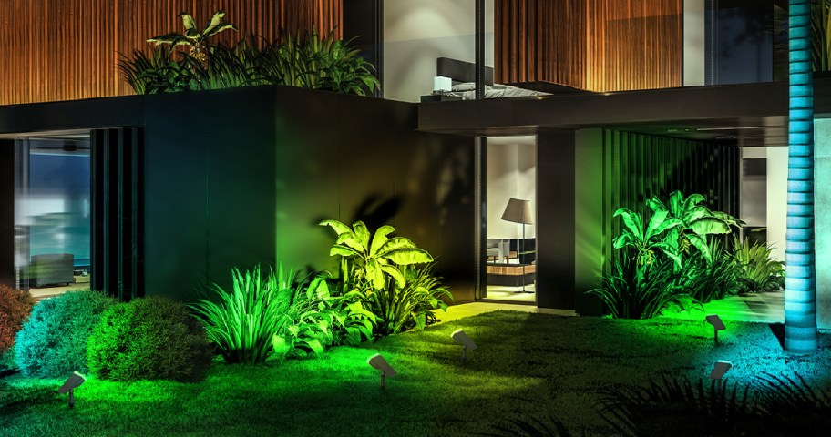 outdoor colorful lighting in front if a house