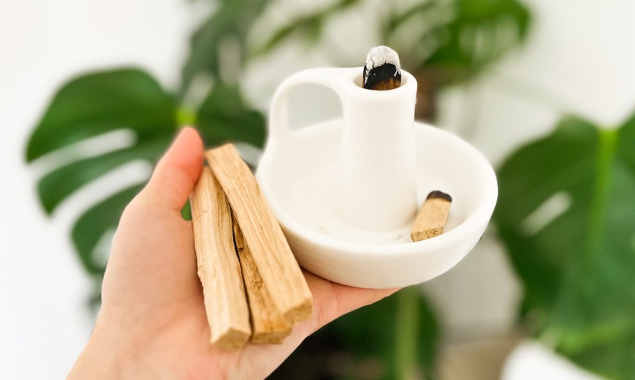 hand holding palo santo sticks and white candle holder