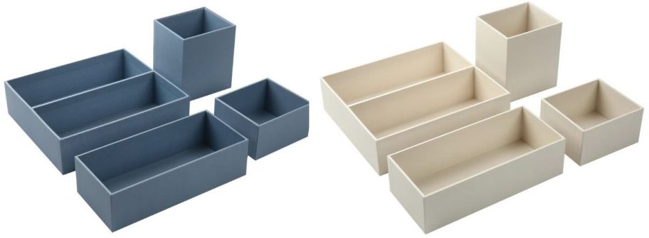 pen and gear 4 piece desk organizers in blue and beige on a white background