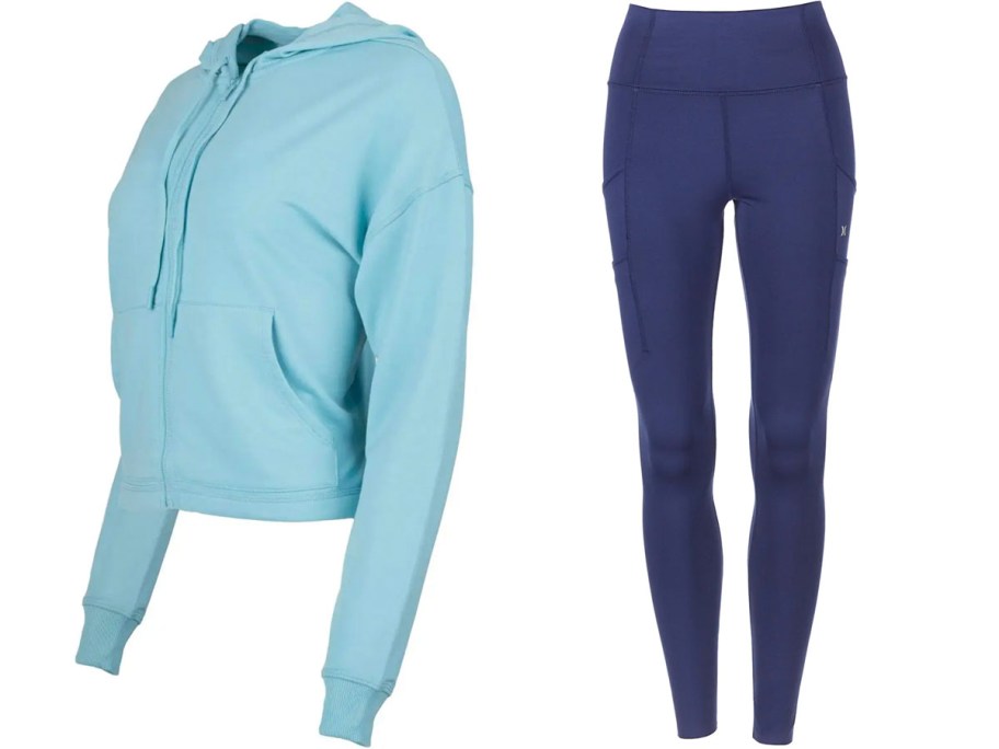 light blue 90 degree hoodie and navy blue hurley legging