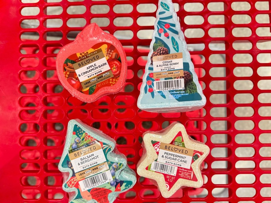 holiday shaped and scented bath bombs in a red Target shopping cart