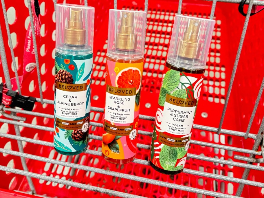 3 Beloved Body Sprays in a red Target shopping cart