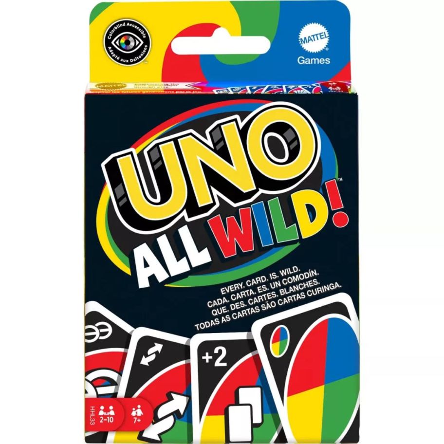 uno wild card game box on a white background