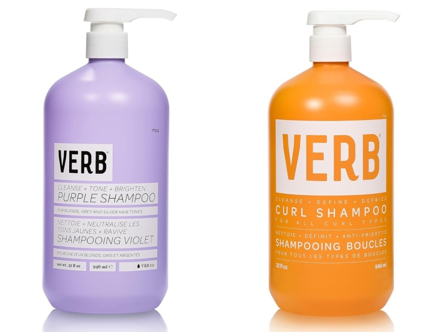 large bottles with pumps of Verb Purple Shampoo and Verb Curl Shampoo 