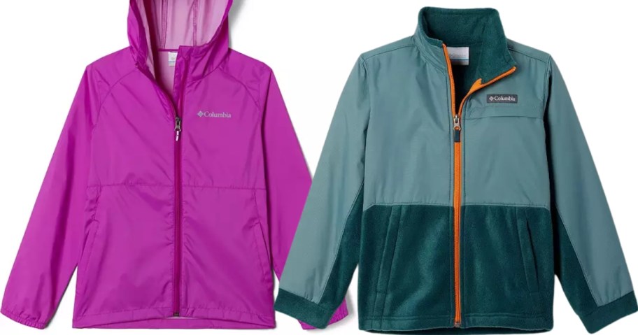 bright pink kid's columbia rain jacket and green 2-tone zip jacket