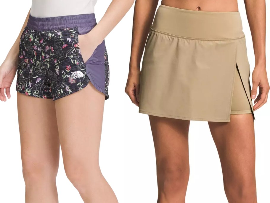 woman wearing purple pattern shorts and woman wearing khaki skirt