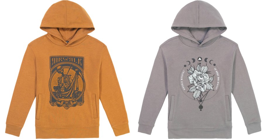 brown and grey graphic hoodies