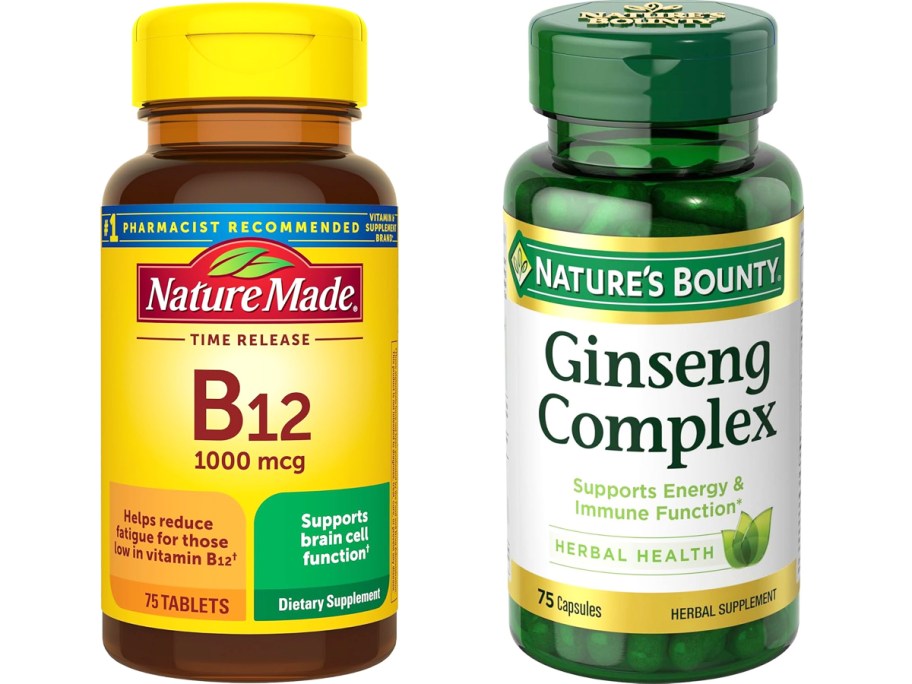 bottles of Nature Made Vitamin B12 and Nature's Bounty Ginseng onlineplex