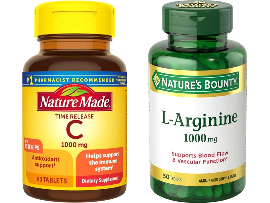 bottles of Nature Made Vitamin C and Nature's Bounty L-Arginine