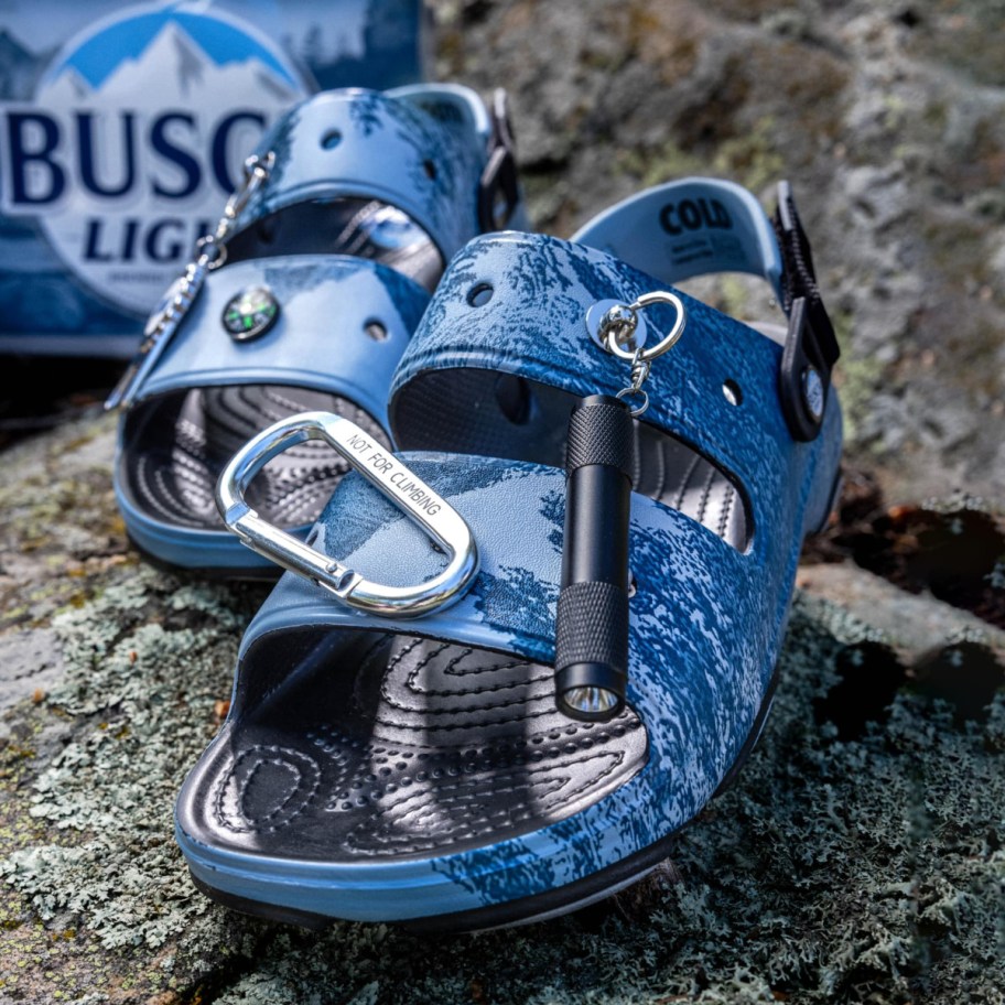 Bush Light Crocs Slides shown in the outdoors