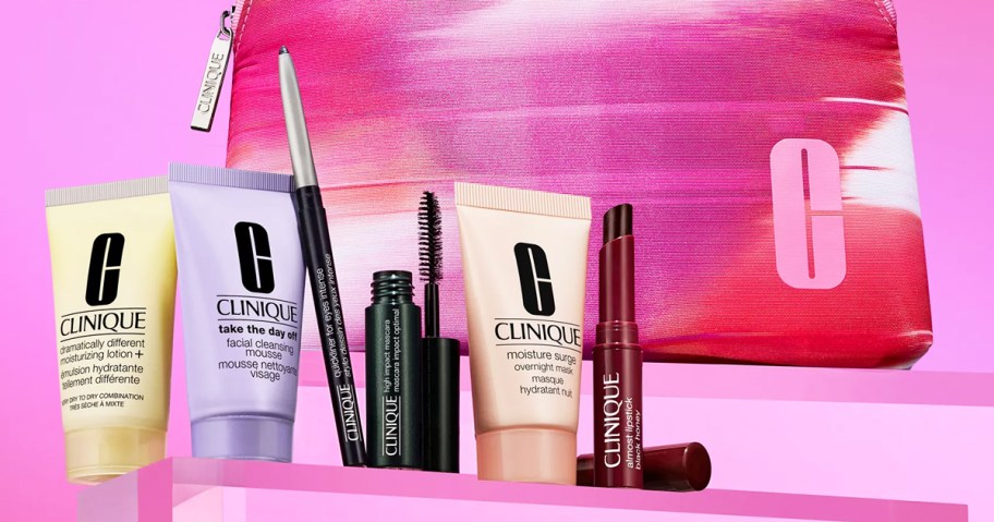 clinique minis in front of a pink makeup bag