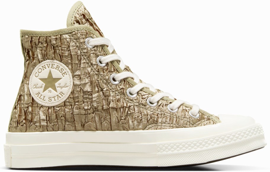 gold crinkled satin high top converse sneaker