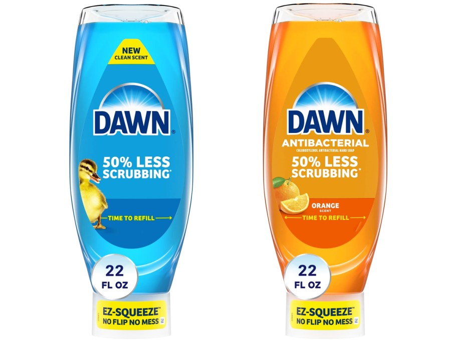 blue and orange bottles of Dawn EZ-Squeeze dish soap