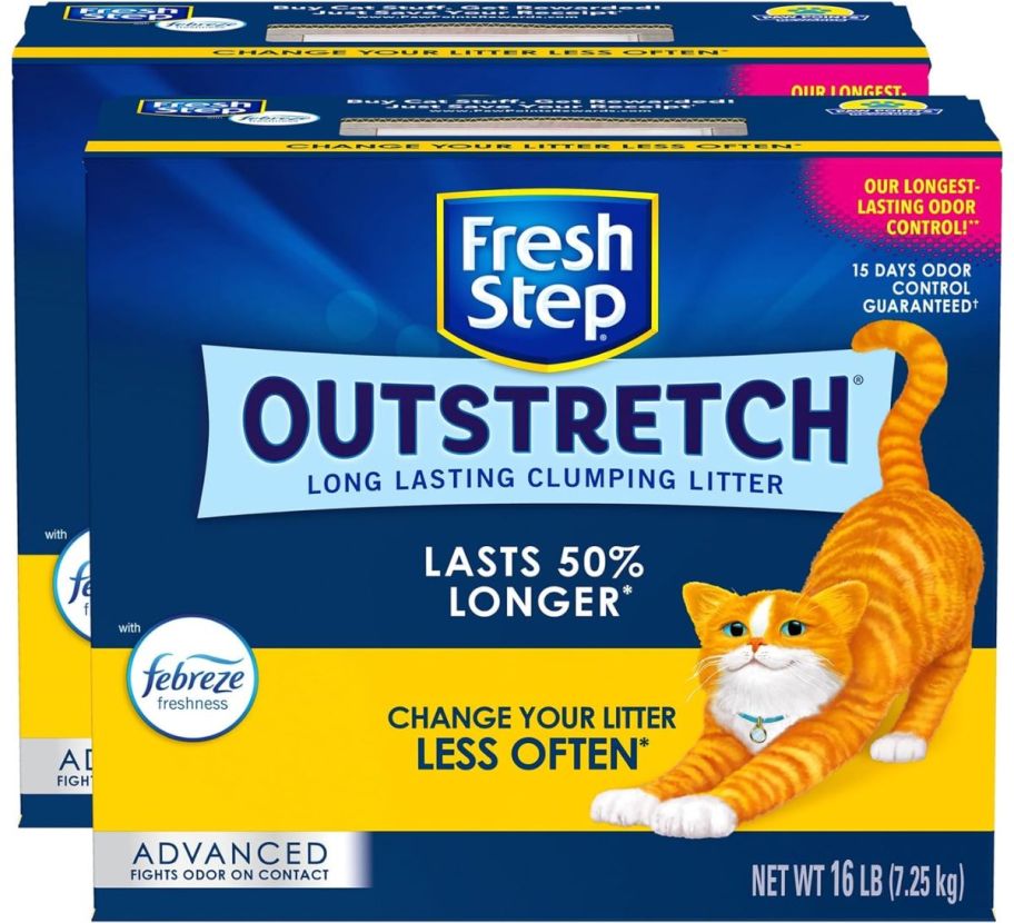 two boxes of fresh step outstretch cat litter in fresh scent