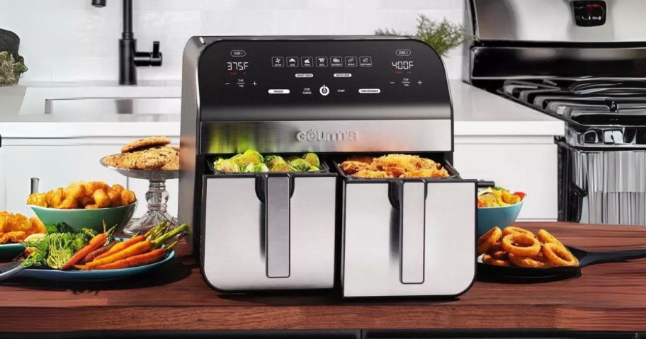 Gourmia 10-Quart Dual Basket Digital Air Fryer in kitchen