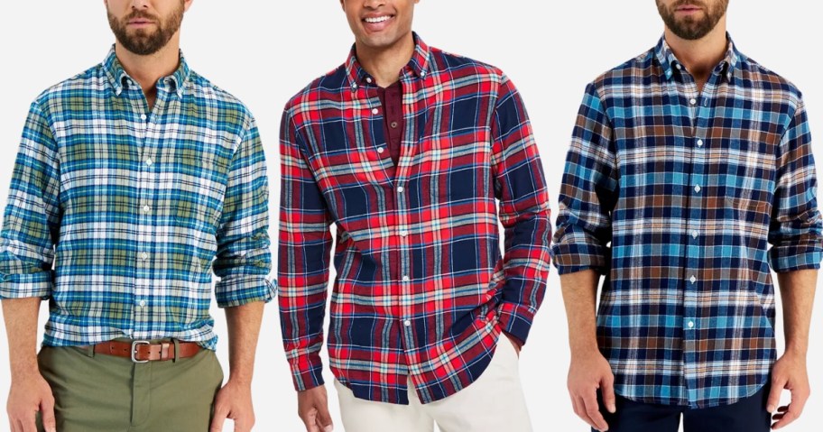 3 men in different color long sleeve plaid flannel shirts