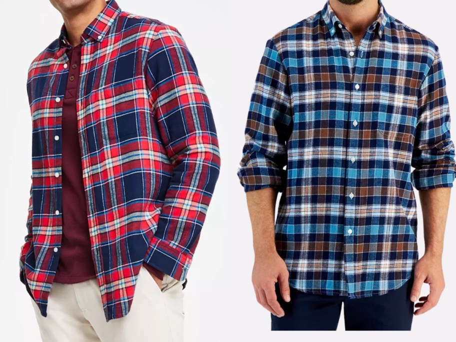 2 men in different color long sleeve plaid flannel shirts