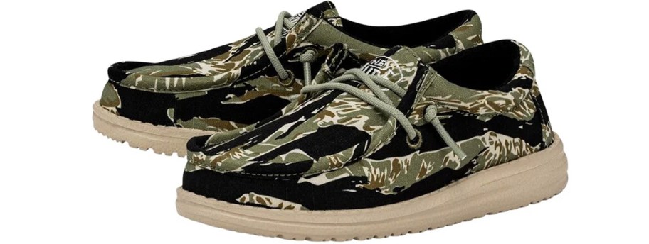 pair of black and green camo print sneakers