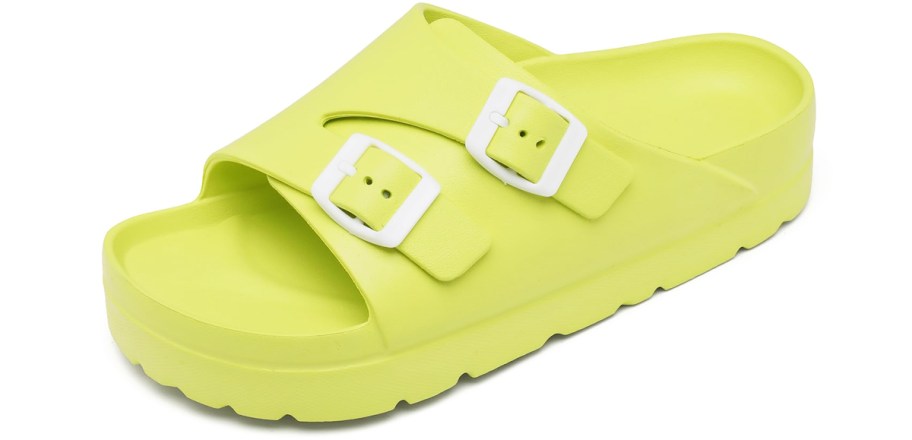 green platform sandal with two buckles