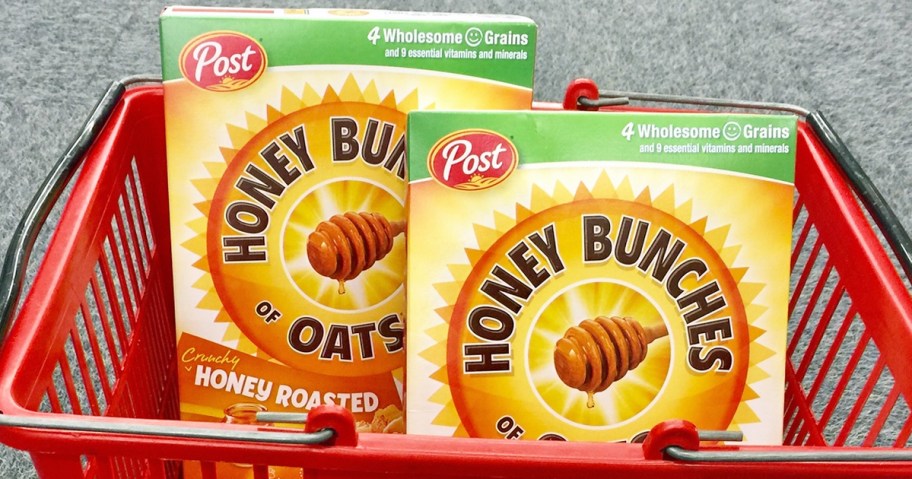 two boxes of Honey Bunches of Oats in red shopping basket