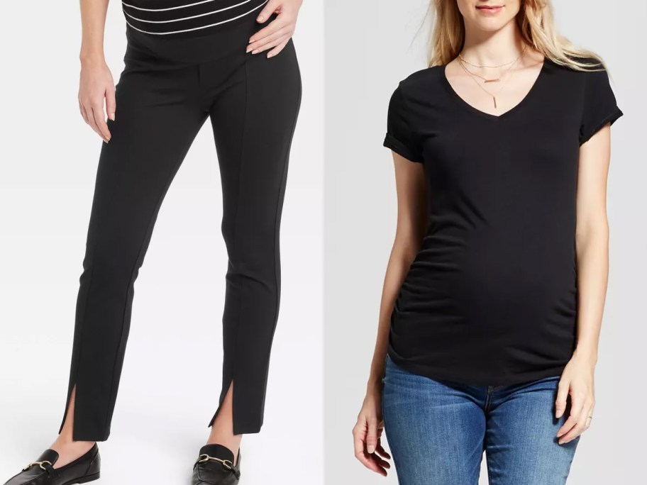 Isabel Maternity by Ingrid & Isabel Black Under Belly Split Front Ponte Maternity Pants and Short Sleeve Fashion V-Neck Maternity T-Shirt