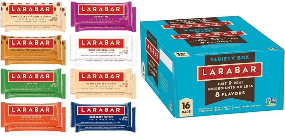 Stock image of a Larabar 16-count variety pack with 8 flavors