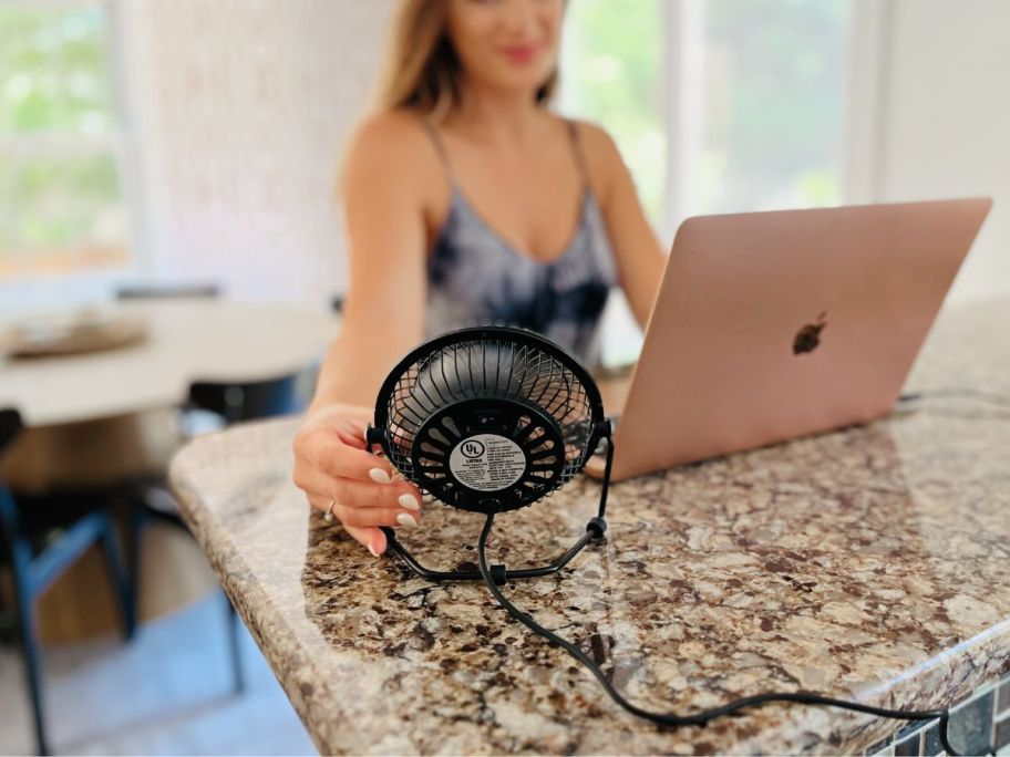 A woman working on a onlineputer is being cooled down by a 4" personal fan.