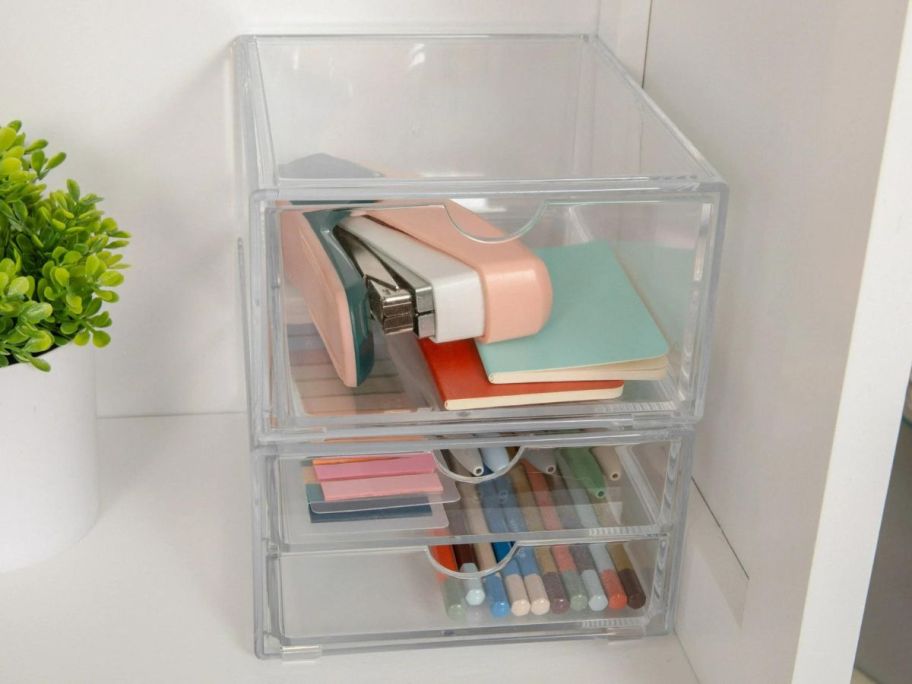 Martha Stewart Plastic Stackable Office Organizer Boxes full of office supplies