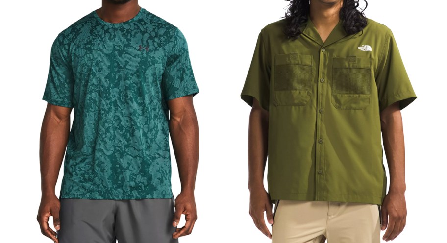 two men modeling teal and green shirts