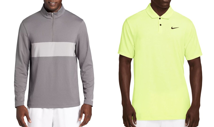 two men modeling grey and bright yellow shirts