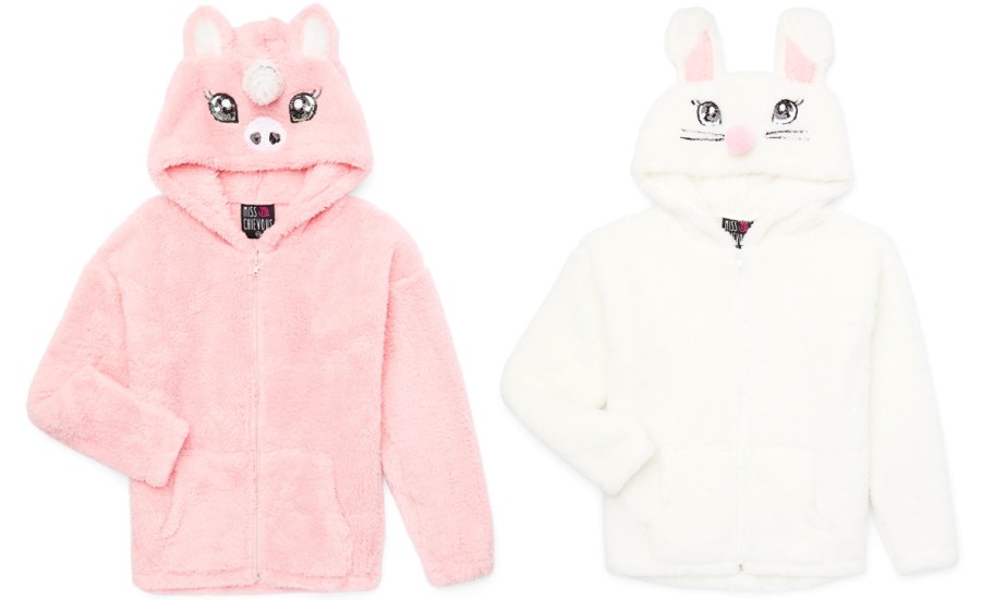 pink unicorn and white rabbit fuzzy hoodies